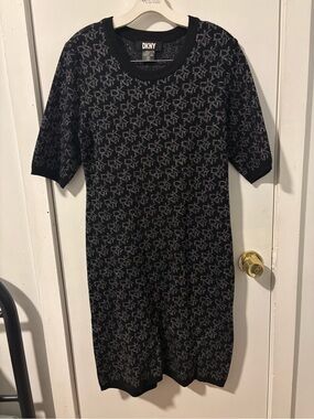 dkny embroidered chiffon dress DKNY Dress Womens 4 Sheer Overlay Belted Midi Boho Modest Wedding Navy Blue